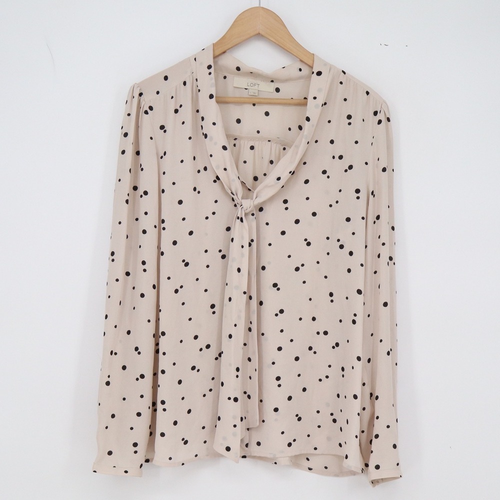 Ann Taylor LOFT Blouse Womens L Tie-Neck Polka Dot Cream Black Long Sleeve Exc